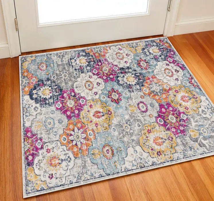2' X 2' Gray Gold And Pink Floral Medallion Square Rug
