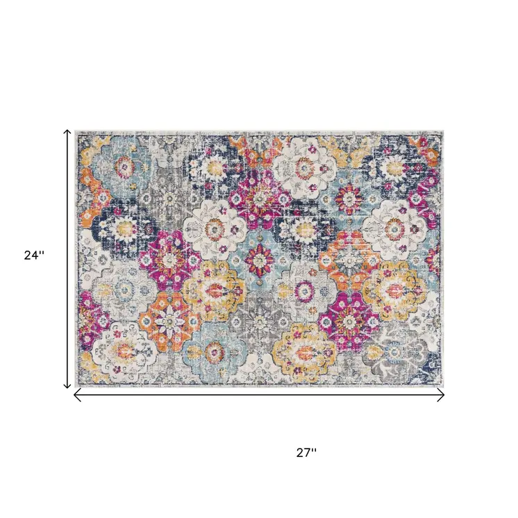 2' X 2' Gray Gold And Pink Floral Medallion Square Rug