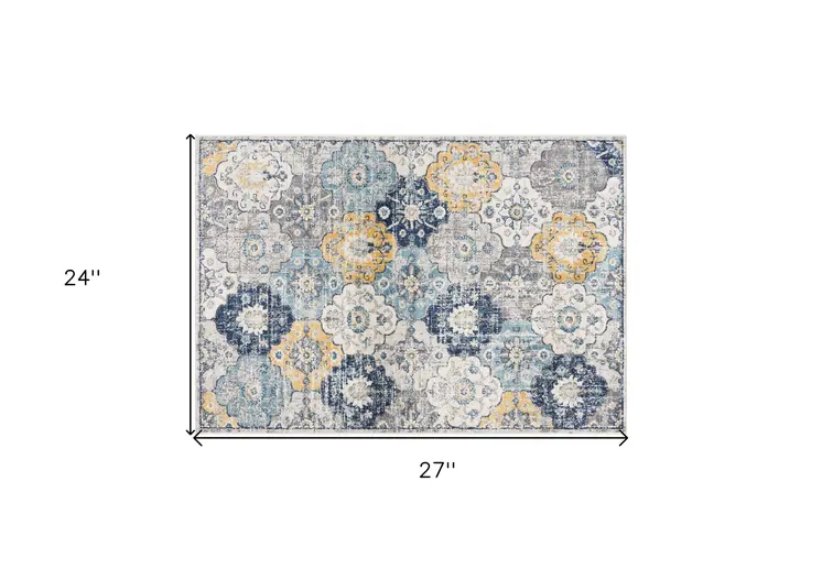 2' X 2' Blue Gray And Gold Floral Medallion Square Rug