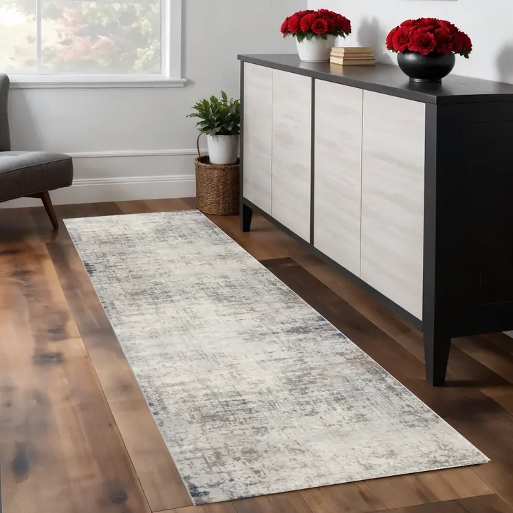 7' Navy Blue Beige And Gray Abstract Runner Rug
