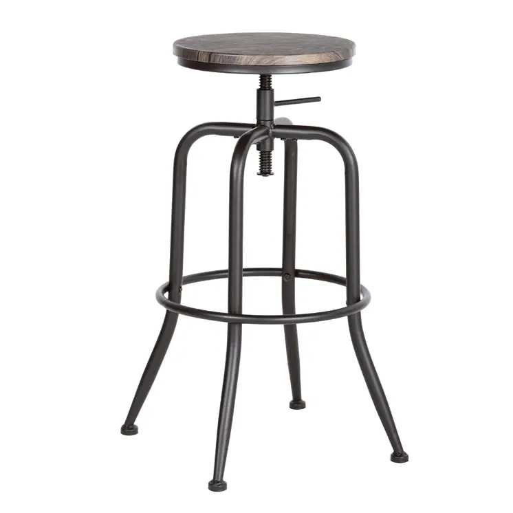 Set of Two Walnut and Black Wood and Iron Backless Adjustable Height Swivel Bar Chairs