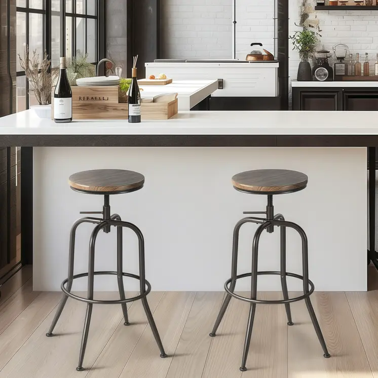 Set of Two Walnut and Black Wood and Iron Backless Adjustable Height Swivel Bar Chairs