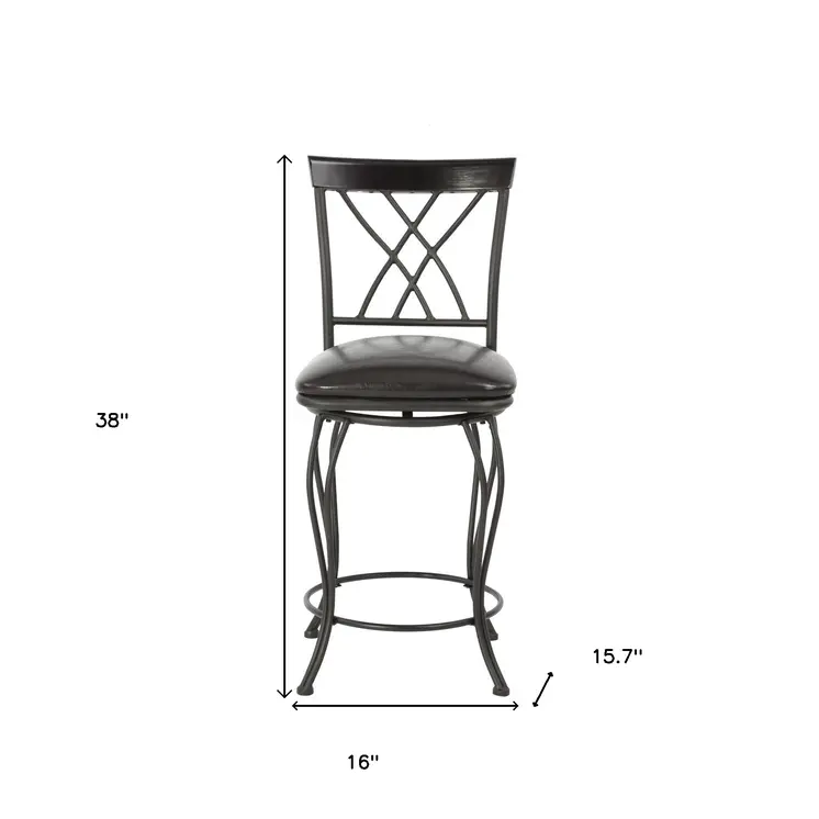 Set of Two 24" Black Faux Leather and Iron Counter Height Swivel Bar Chairs