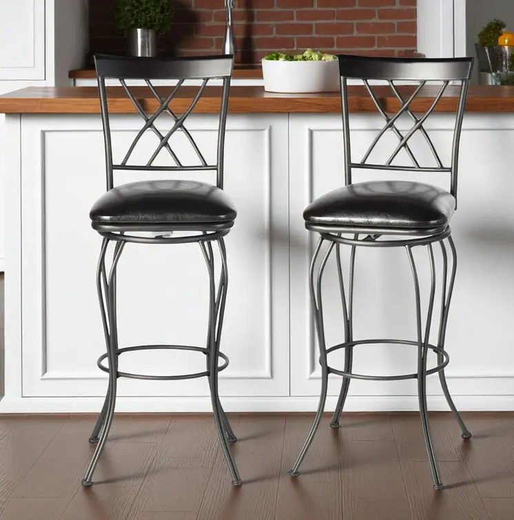 Set of Two 24" Black Faux Leather and Iron Counter Height Swivel Bar Chairs