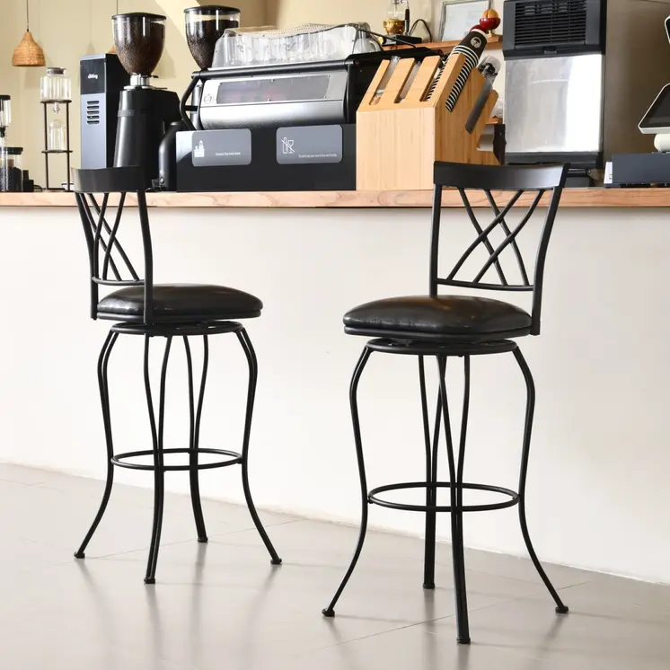 Set of Two 24" Black Faux Leather and Iron Counter Height Swivel Bar Chairs