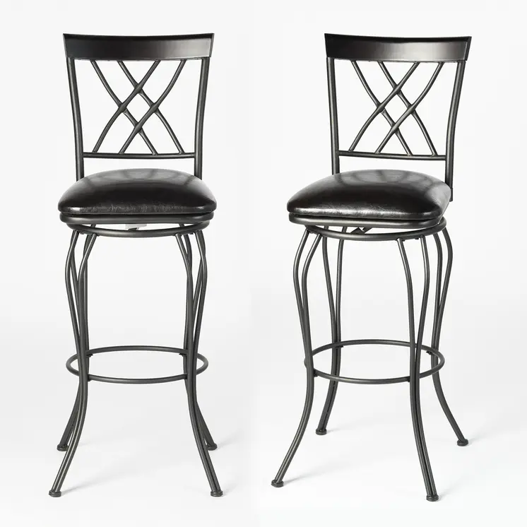 Set of Two 24" Black Faux Leather and Iron Counter Height Swivel Bar Chairs