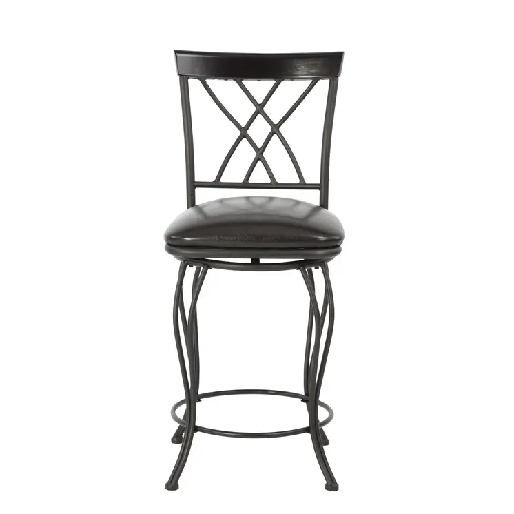 Set of Two 24" Black Faux Leather and Iron Counter Height Swivel Bar Chairs