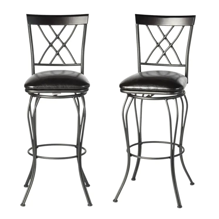 Set of Two 30" Black Faux Leather and Iron Bar Height Swivel Bar Chairs