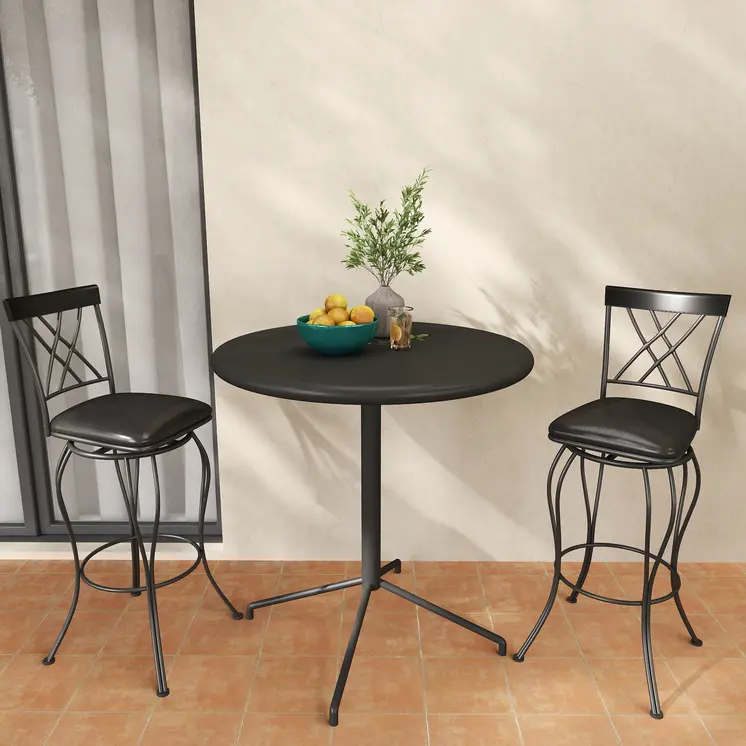 Set of Two 30" Black Faux Leather and Iron Bar Height Swivel Bar Chairs