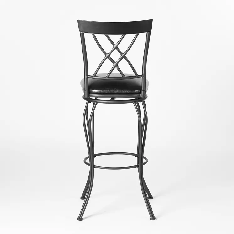 Set of Two 30" Black Faux Leather and Iron Bar Height Swivel Bar Chairs
