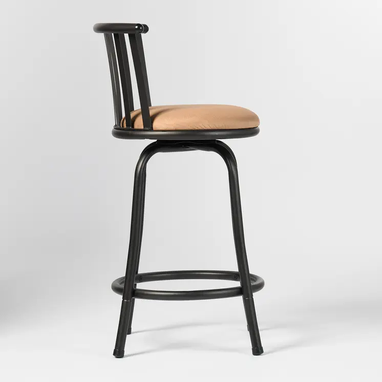 Brown and Black Faux Leather and Metal Low Back Adjustable Height Swivel Bar Chair