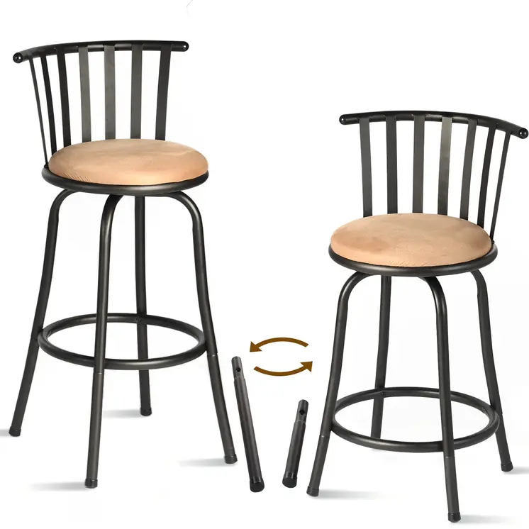 Set of Two Brown and Black Faux Leather and Iron Low Back Adjustable Height Swivel Bar Chairs