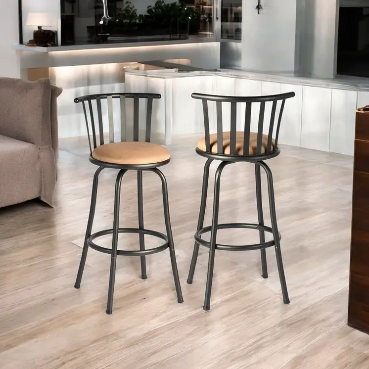 Set of Two Brown and Black Faux Leather and Iron Low Back Adjustable Height Swivel Bar Chairs