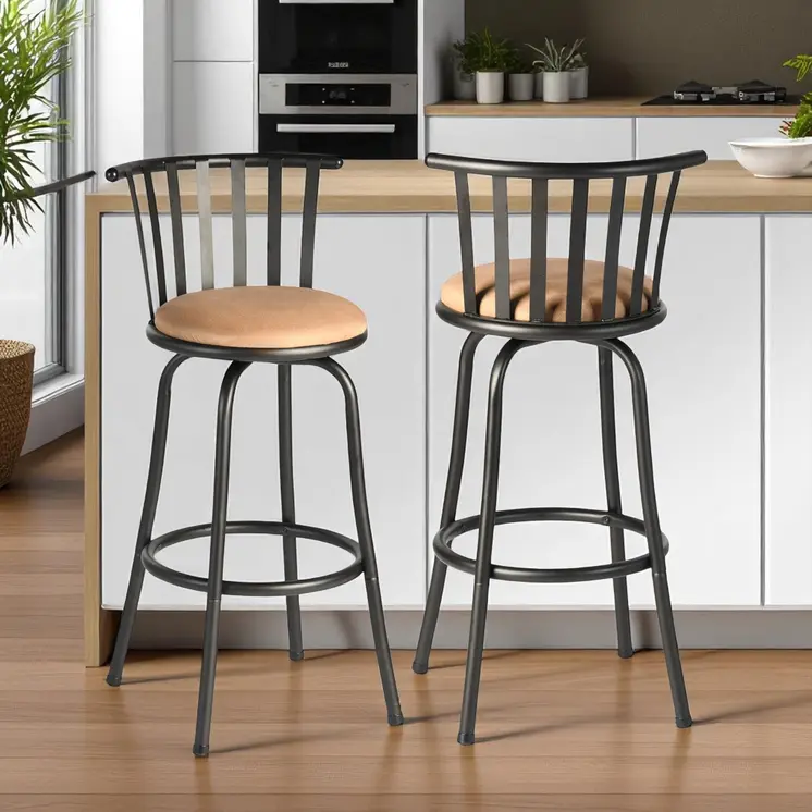 Set of Two Brown and Black Faux Leather and Iron Low Back Adjustable Height Swivel Bar Chairs