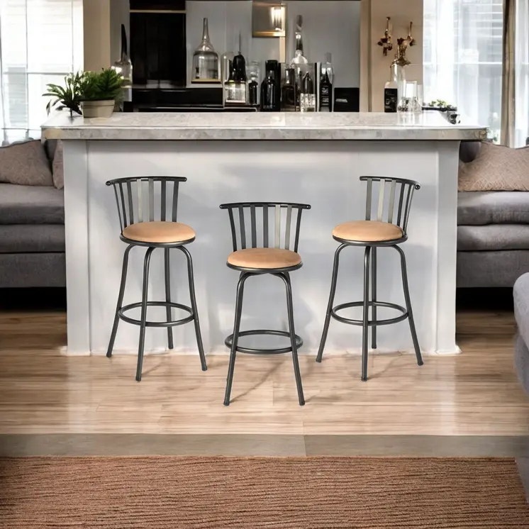 Set of Three Brown and Black Faux Leather and Iron Low Back Adjustable Height Swivel Bar Chairs