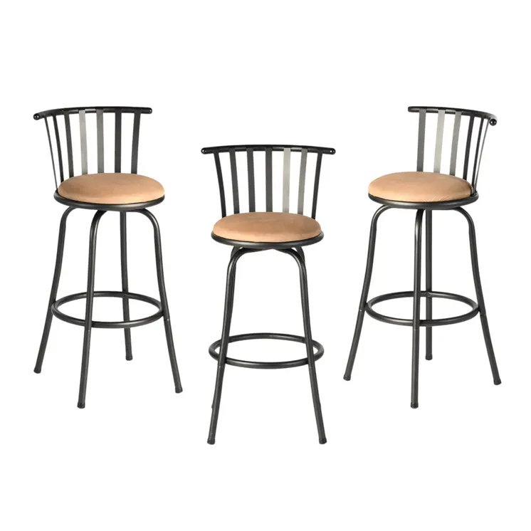 Set of Three Brown and Black Faux Leather and Iron Low Back Adjustable Height Swivel Bar Chairs