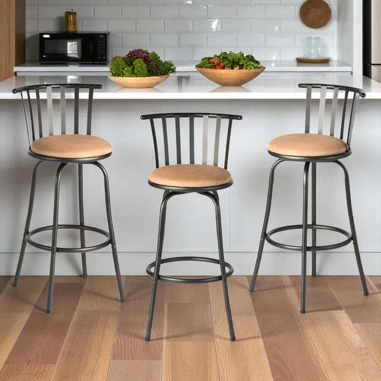 Set of Three Brown and Black Faux Leather and Iron Low Back Adjustable Height Swivel Bar Chairs
