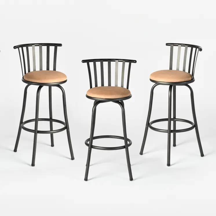 Set of Three Brown and Black Faux Leather and Iron Low Back Adjustable Height Swivel Bar Chairs