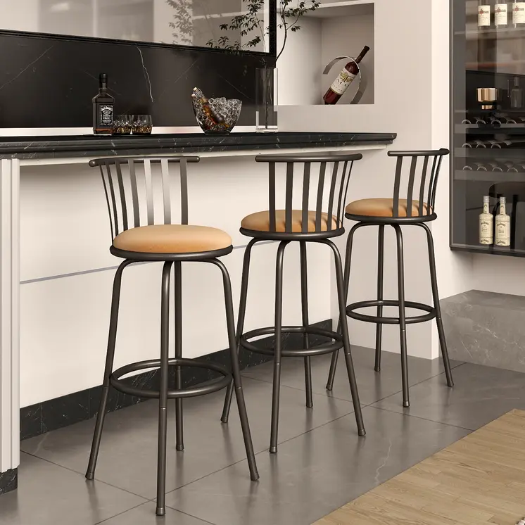 Set of Three Brown and Black Faux Leather and Iron Low Back Adjustable Height Swivel Bar Chairs