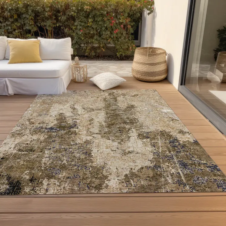 5' X 8' Khaki And Taupe Abstract Washable Indoor Outdoor Area Rug