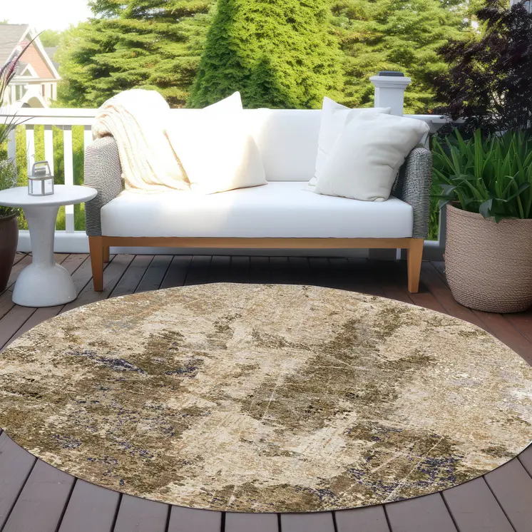 8' Khaki And Taupe Round Abstract Washable Indoor Outdoor Area Rug
