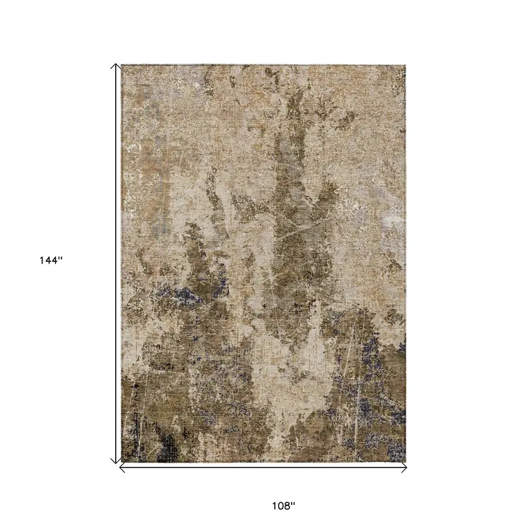 9' X 12' Khaki And Taupe Abstract Washable Indoor Outdoor Area Rug