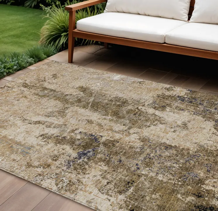 9' X 12' Khaki And Taupe Abstract Washable Indoor Outdoor Area Rug