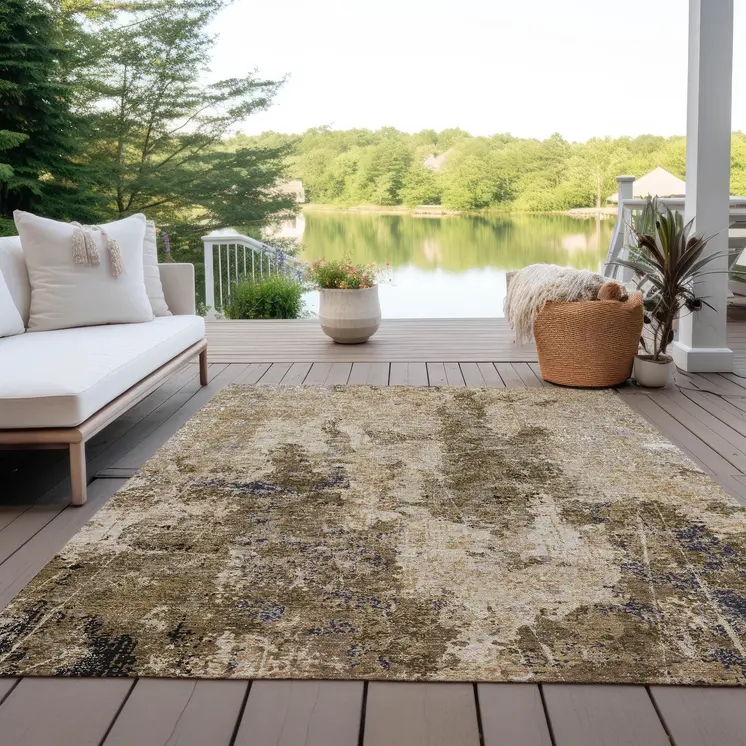 9' X 12' Khaki And Taupe Abstract Washable Indoor Outdoor Area Rug