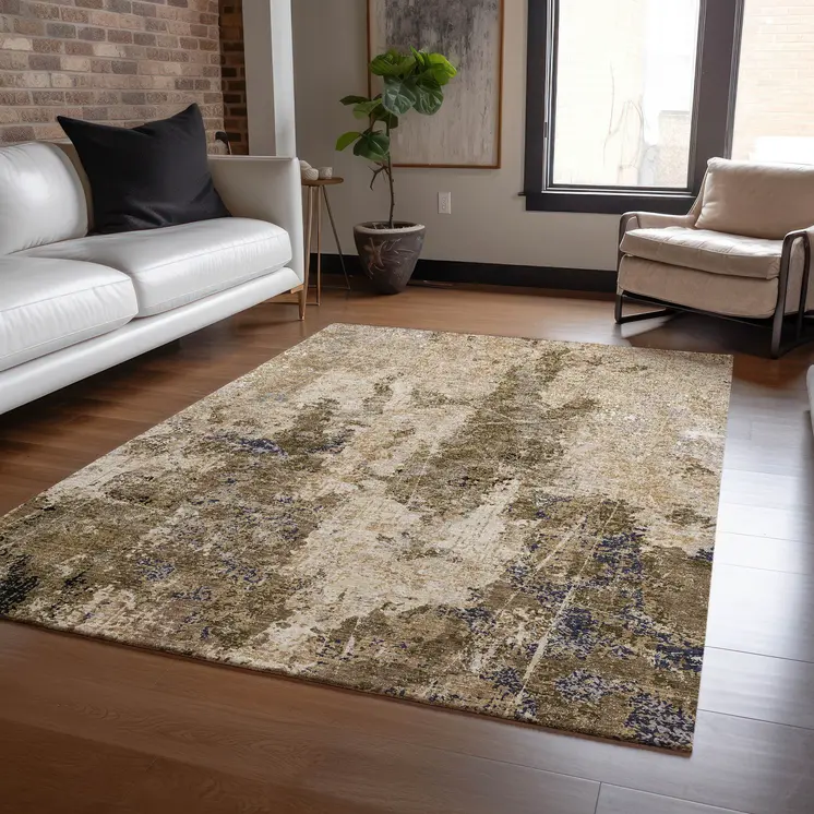 9' X 12' Khaki And Taupe Abstract Washable Indoor Outdoor Area Rug