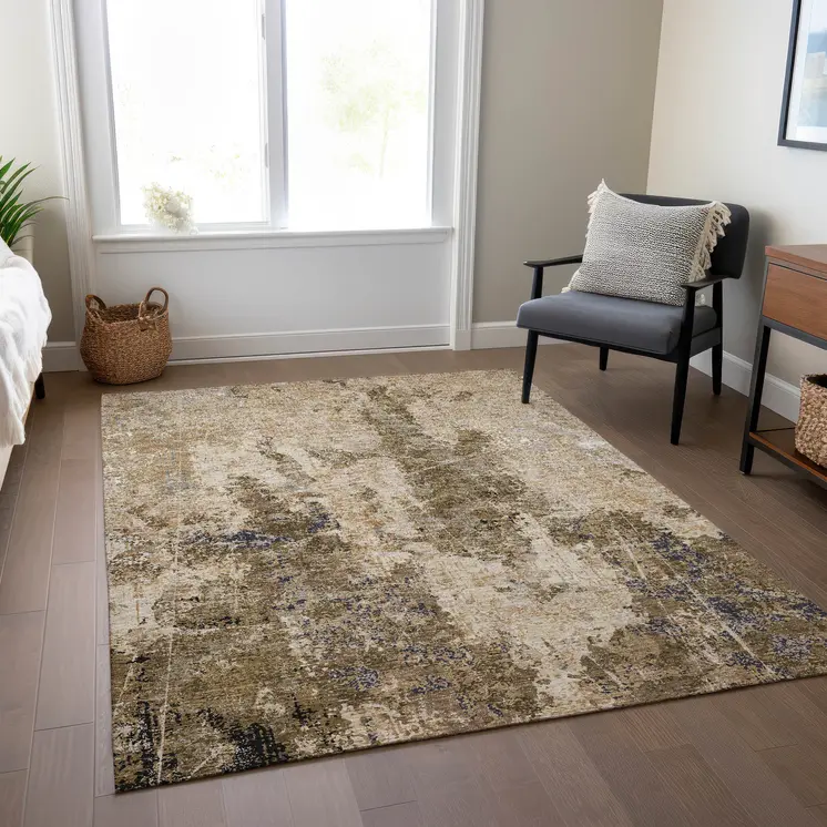 9' X 12' Khaki And Taupe Abstract Washable Indoor Outdoor Area Rug