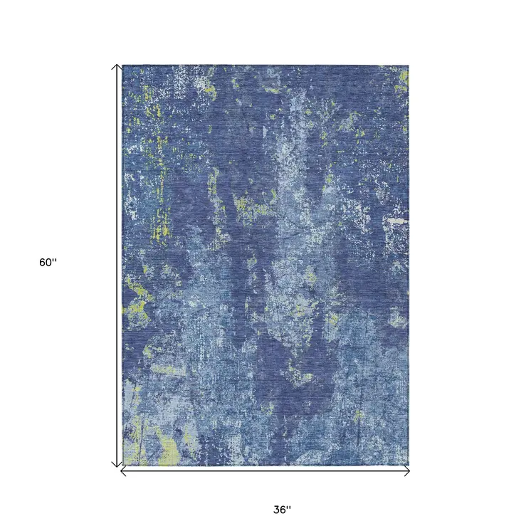 3' X 5' Navy Blue And Denim Blue Abstract Washable Indoor Outdoor Area Rug
