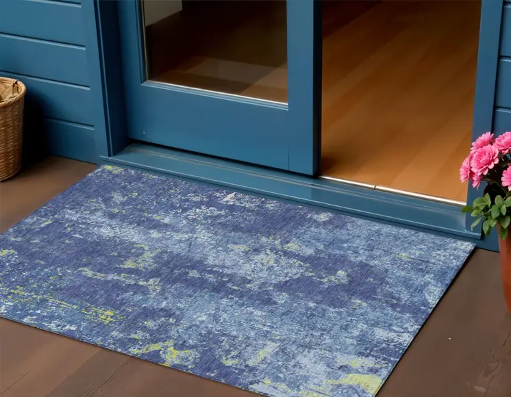 3' X 5' Navy Blue And Denim Blue Abstract Washable Indoor Outdoor Area Rug
