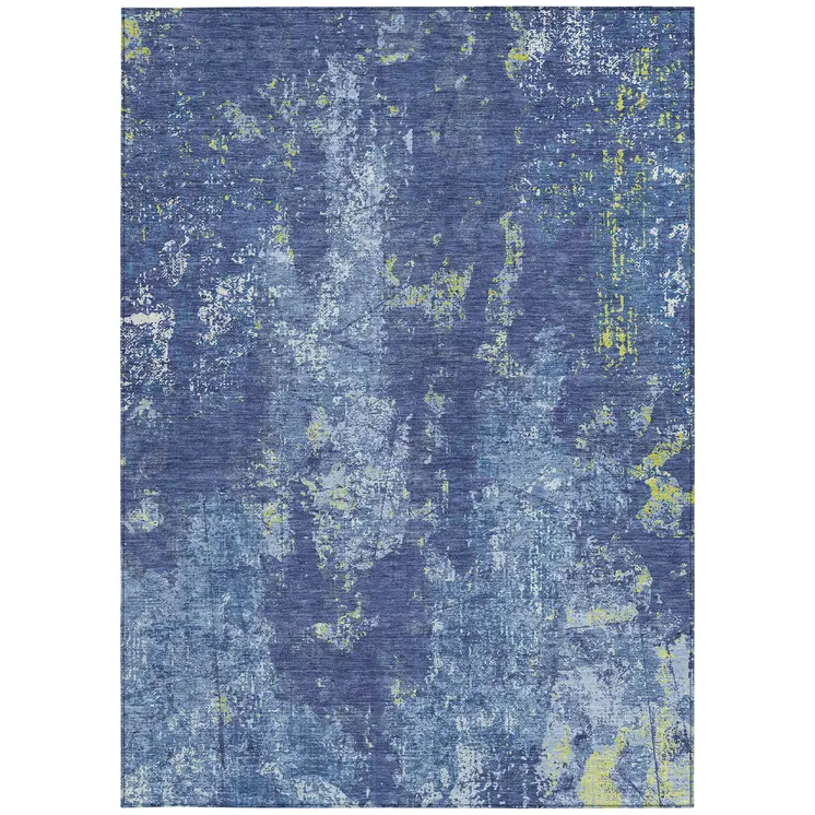 5' X 8' Navy Blue And Denim Blue Abstract Washable Indoor Outdoor Area Rug