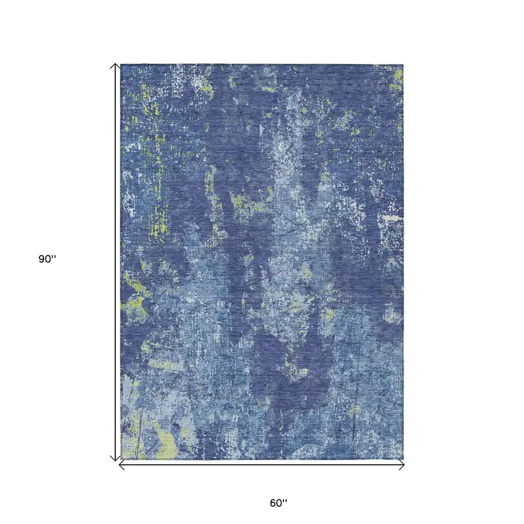 5' X 8' Navy Blue And Denim Blue Abstract Washable Indoor Outdoor Area Rug