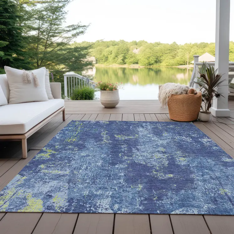 5' X 8' Navy Blue And Denim Blue Abstract Washable Indoor Outdoor Area Rug