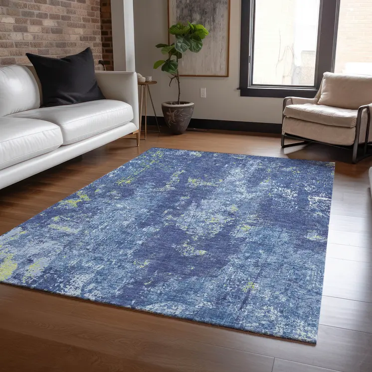 5' X 8' Navy Blue And Denim Blue Abstract Washable Indoor Outdoor Area Rug