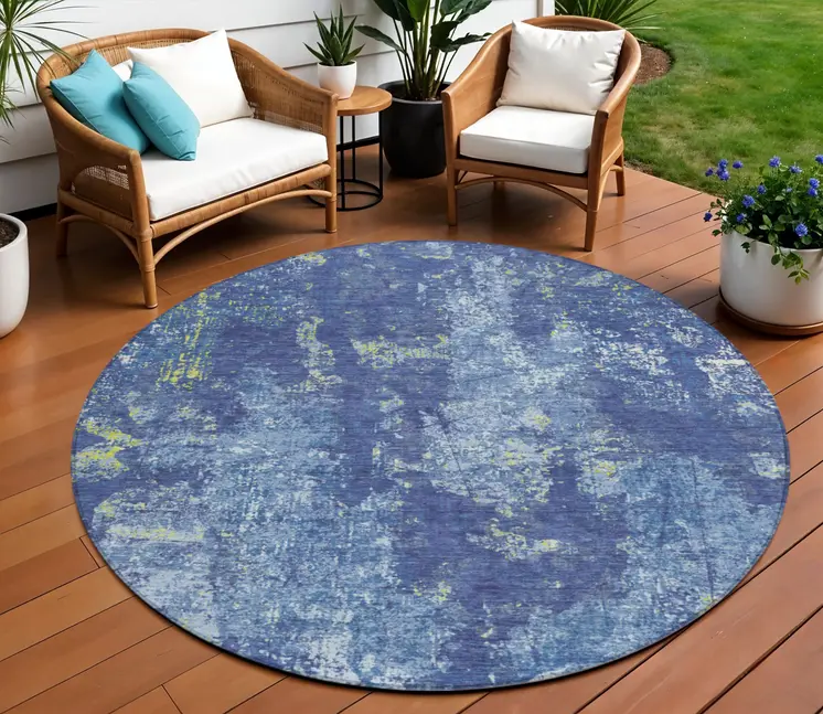 8' Navy Blue And Denim Blue Round Abstract Washable Indoor Outdoor Area Rug