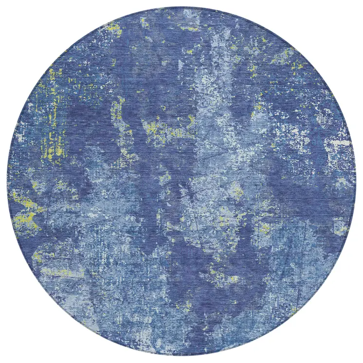 8' Navy Blue And Denim Blue Round Abstract Washable Indoor Outdoor Area Rug