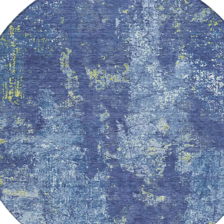 8' Navy Blue And Denim Blue Round Abstract Washable Indoor Outdoor Area Rug