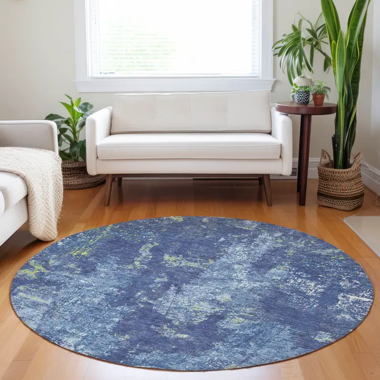 8' Navy Blue And Denim Blue Round Abstract Washable Indoor Outdoor Area Rug
