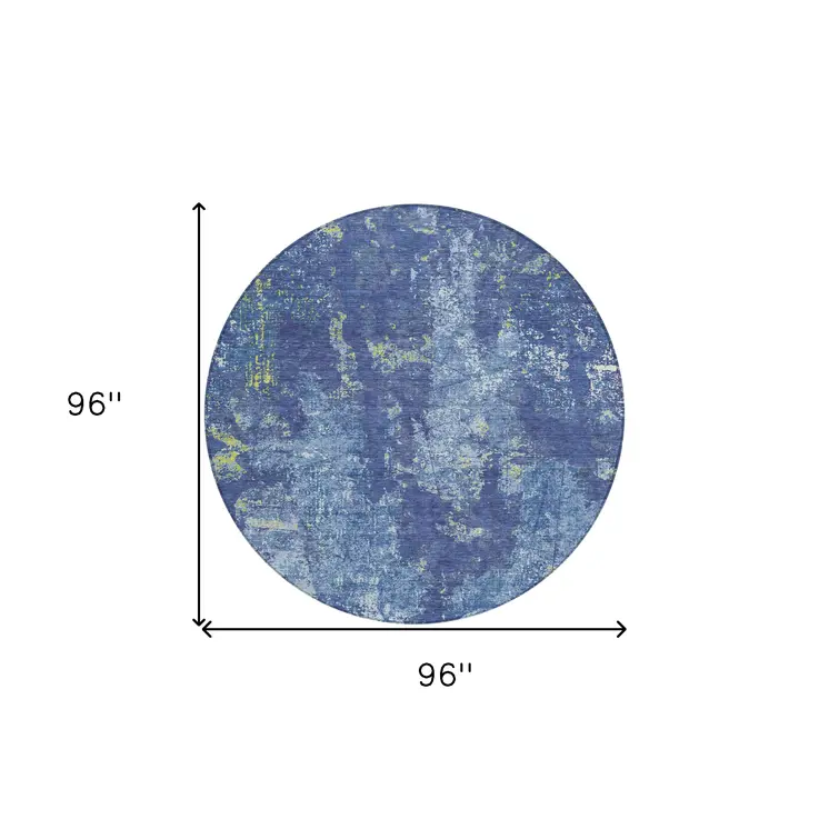 8' Navy Blue And Denim Blue Round Abstract Washable Indoor Outdoor Area Rug