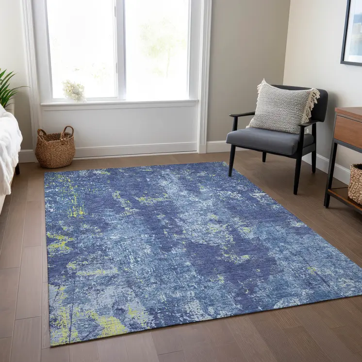 9' X 12' Navy Blue And Denim Blue Abstract Washable Indoor Outdoor Area Rug