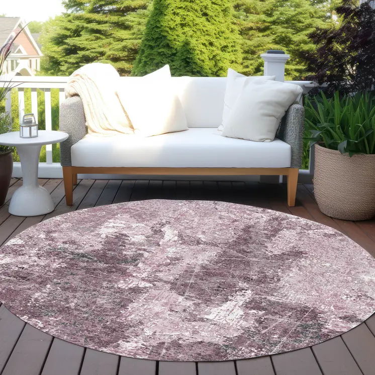 8' Pink And Mauve Round Abstract Washable Indoor Outdoor Area Rug