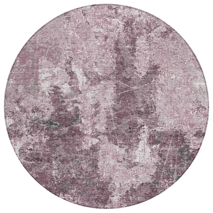 8' Pink And Mauve Round Abstract Washable Indoor Outdoor Area Rug