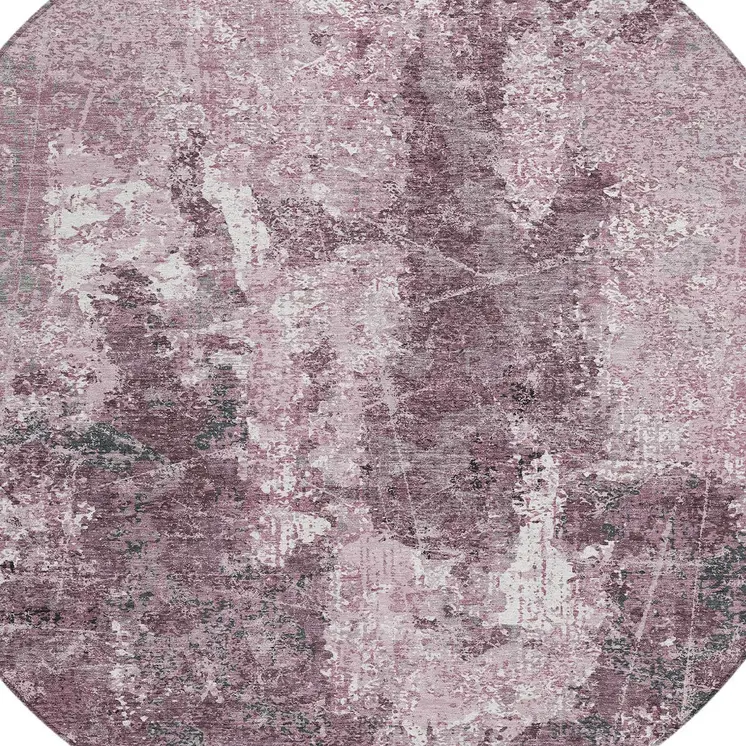 8' Pink And Mauve Round Abstract Washable Indoor Outdoor Area Rug