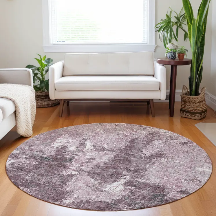 8' Pink And Mauve Round Abstract Washable Indoor Outdoor Area Rug