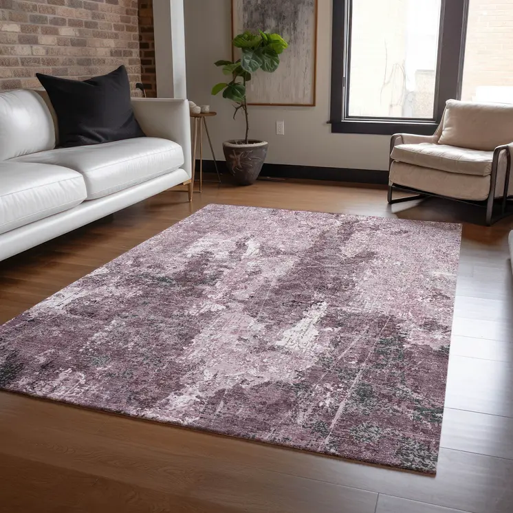 9' X 12' Pink And Mauve Abstract Washable Indoor Outdoor Area Rug