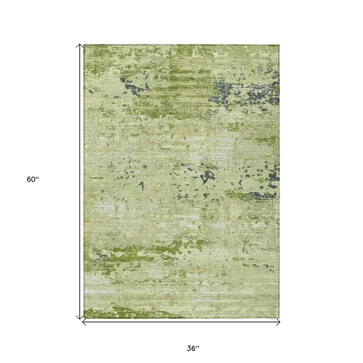 3' X 5' Artichoke Green And Olive Green Abstract Washable Indoor Outdoor Area Rug