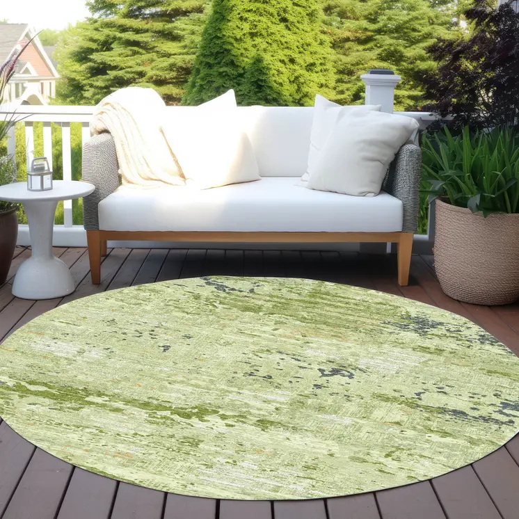 8' Artichoke Green And Olive Green Round Abstract Washable Indoor Outdoor Area Rug