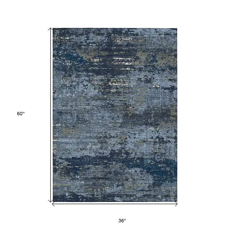 3' X 5' Blue And Navy Blue Abstract Washable Indoor Outdoor Area Rug